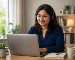 tutor working online in living room